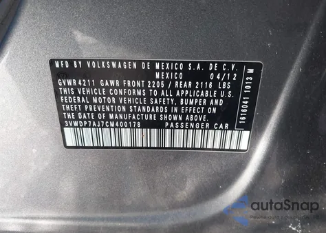 2012 Volkswagen Jetta 2.5L Se z USA, uszkodzony, nr VIN 3VWDP7AJ7CM400178